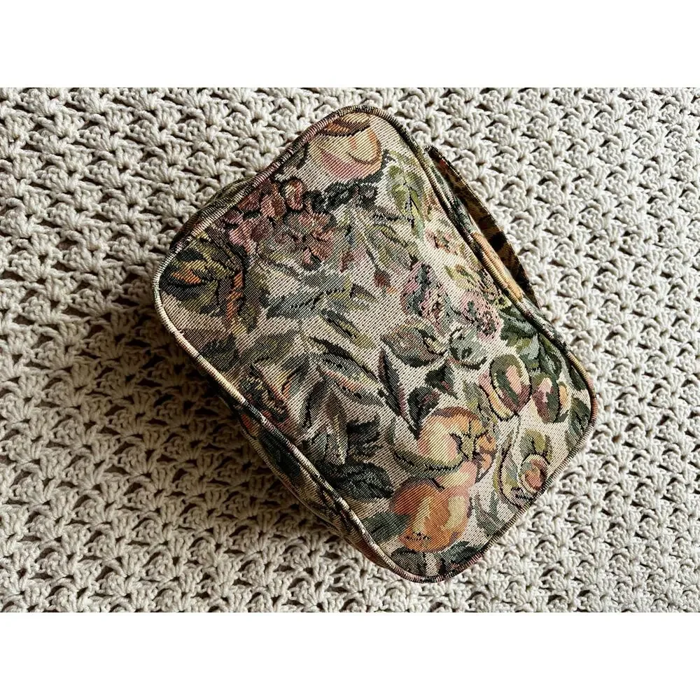 Vintage 90s Needlepoint Toiletry Bag Fruit Print Neutral Cottagecore